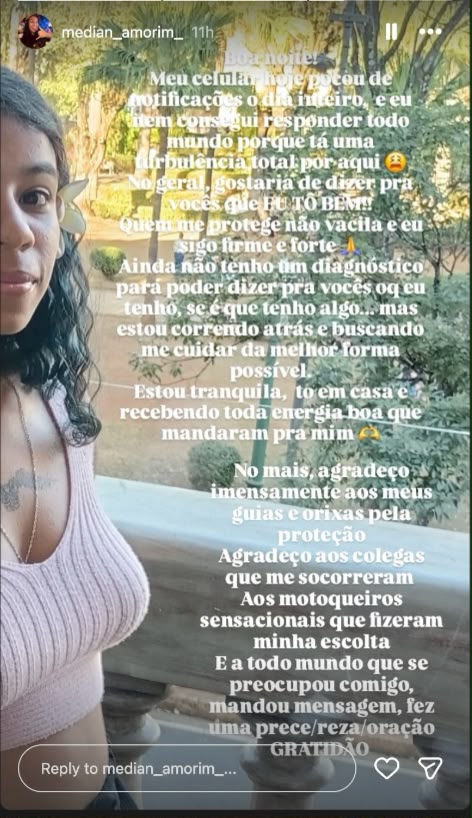 A mensagem que a Maria Eduarda deixou nos stories do Instagram agradecendo aos motociclistas e a todos que torceram por ela. Foto: reprodução/ Instagram/ @median_amorim_