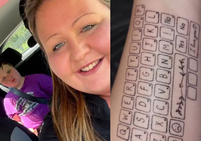 A mãe Jessica tatuou um teclado no próprio braço para ajudar o filho autista não verbal a se comunicar sem o tablet e a ideia de inclusão viralizou. - Foto: Reprodução/Facebook Hunter’s Voice/ SWNS