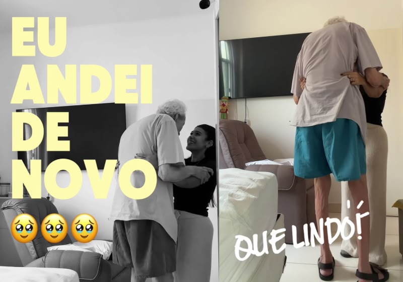 O vovô Edir comemora ao voltar a andar sozinho com a fisioterapeuta Larissa Mendonça. Ele ficou quase um ano acamado, no Rio de Janeiro. - Foto: Reprodução/Instagram @mendonlari