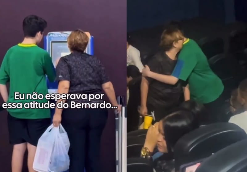 Bernardo Eleto, de 14 anos, surpreendeu a Carla da Silveira, que foi sozinha ao cinema assistir ao Homem Aranha. Era aniversário dela, em Ipatinga (MG). - Foto: Reprodução/Instagram @kellyeleto