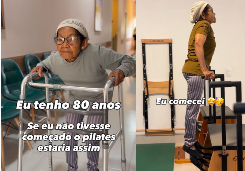A dona Nita, uma idosa de 80 anos, surpreendeu ao mostrar os exercícios que consegue fazer no pilates. Parece uma garotinha. - Foto: Reprodução/Quality Fisio