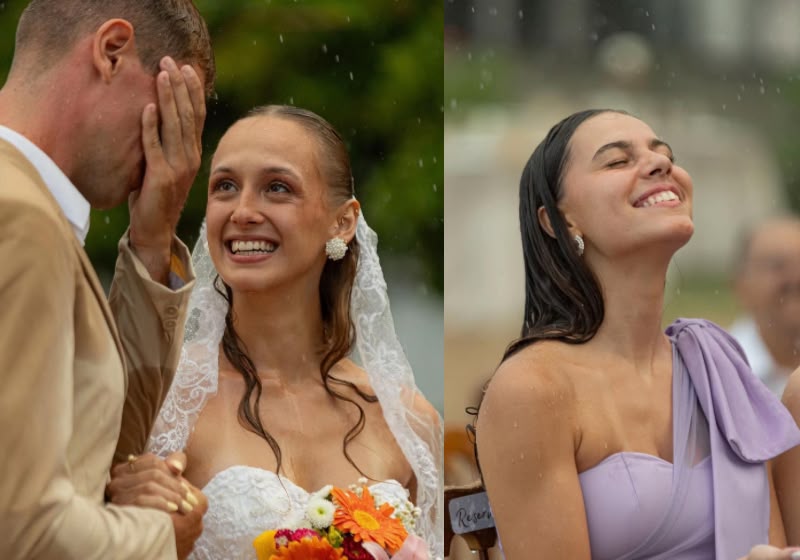 Amanda dos Santos Müller e Kauan Müller se casaram debaixo de chuva em uma praia de Governador Celso Ramos (SC). - Foto: Reprodução/ Instagram/ @mandysantox @kauamullller @oamigobiga