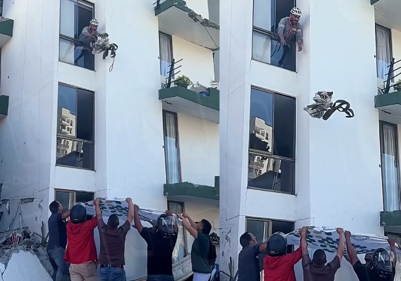 O cachorro foi lançado do terceiro andar e caiu em um lençol esticado sobre um colchão durante o resgate após o terremoto em Pereira, na Colômbia. - Foto: Reprodução/Instagram/@laboyanos.com_