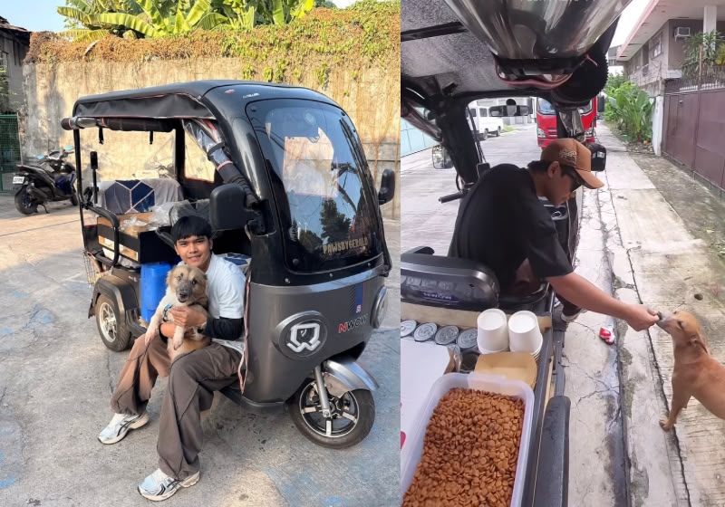 Gerald Betancor usa um triciclo carregado de comida e água para alimentar cães e gatos que vivem nas ruas das Filipinas. - Foto: Reprodução/Instagram @pawsbygerald