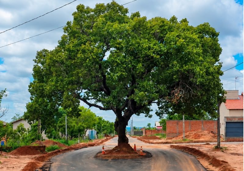 O pé de pequi foi preservado durante a pavimentação do Morada do Sol 3, em Araguaína (TO), e continua no meio da avenida quase seis anos depois. - Foto: Marcos Sandes/Prefeitura de Araguaína