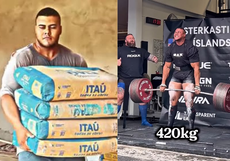 O Bitelo comemora após levantar 420 kg no levantamento terra durante evento na Islândia. Hafþór Björnsson aplaudiu o brasileiro. - Fotos: Reprodução/Instagram @bitelonatural