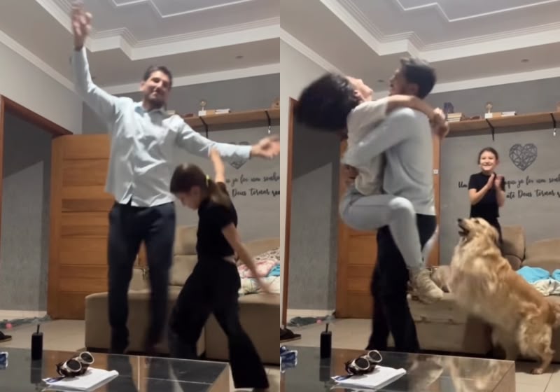Átila começou a dançar na sala para aliviar o dia difícil da filha e a alegria contagiou a família inteira em SP. - Foto: Reprodução/Instagram @atilaaguiar