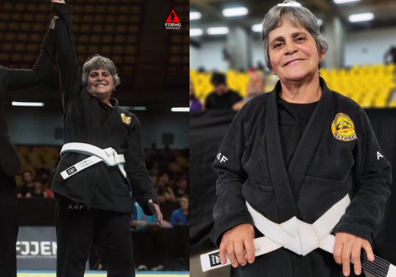 Antonieta, de 71 anos, participou da primeira competição de jiu-jitsu apenas quatro meses depois de começar a treinar e venceu. - Foto: Reprodução/Instagram @alinenojiujitsu