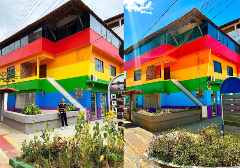 Bruno Menegueli Fonseca e a mãe, Adriana, em frente à Casa Colorida LGBT, em Anchieta (ES), que ganhou uma nova pintura seis anos depois. - Foto: Reprodução/@bruno_meneguelli