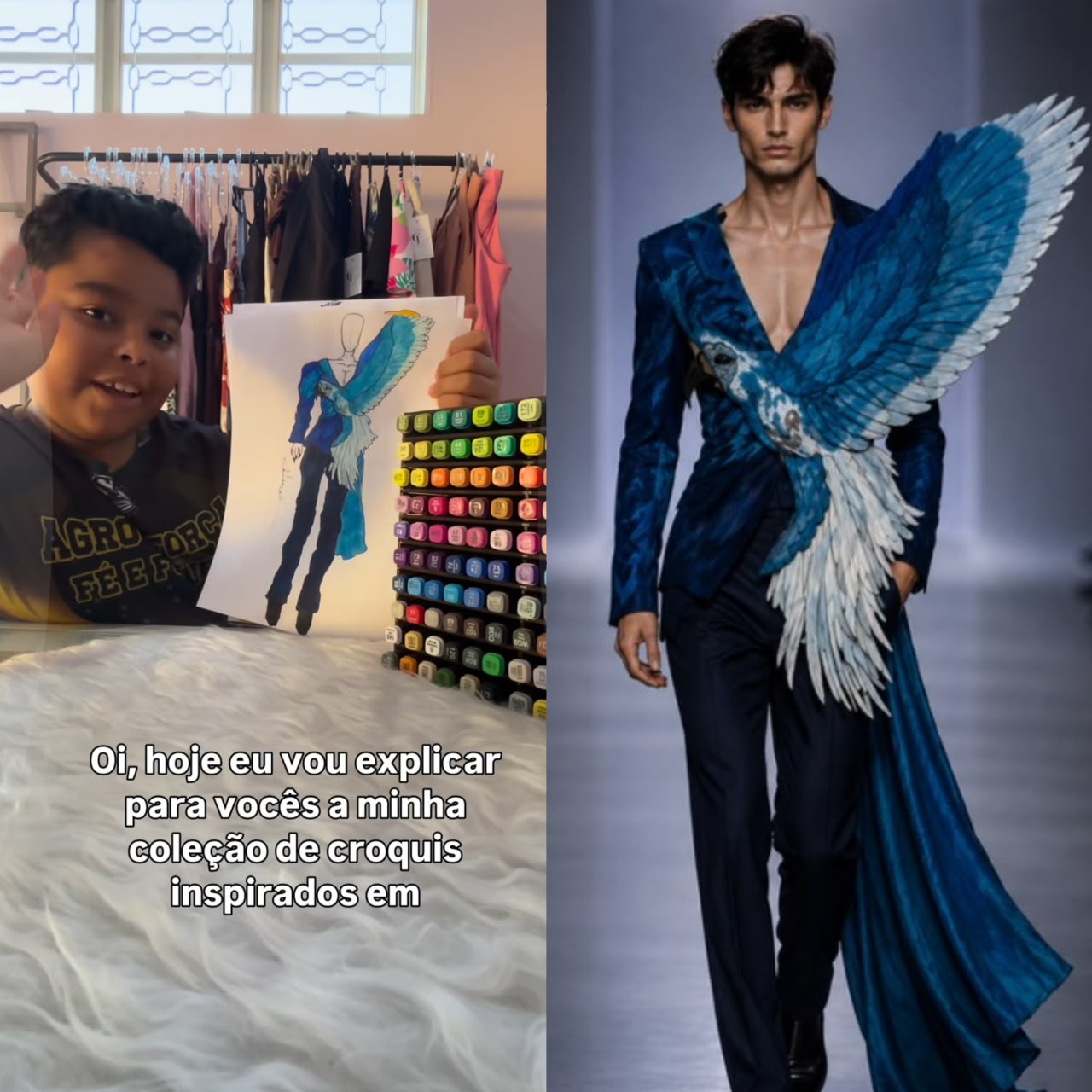 Seguidora usou inteligência artificial para transformar o croqui de Davi Luccas inspirado na arara-azul em um look de passarela. Foto: Reprodução/Instagram @artelucca2026
