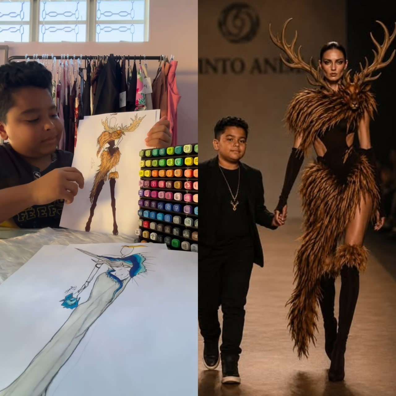 Davi Luccas aparece ao lado de uma modelo criada por IA com o vestido inspirado em cervo, o favorito dele entre os croquis da coleção. Foto: Reprodução/Instagram @artelucca2026