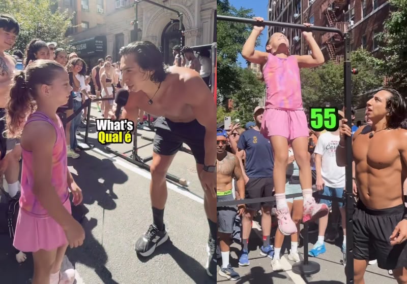 Lucy Milgrim, de 10 anos, completa 55 barras durante desafio gravado por Samuel Hohl, do Brazil Calisthenics, em Nova York. Foto: Reprodução/Instagram @brazilcalisthenics