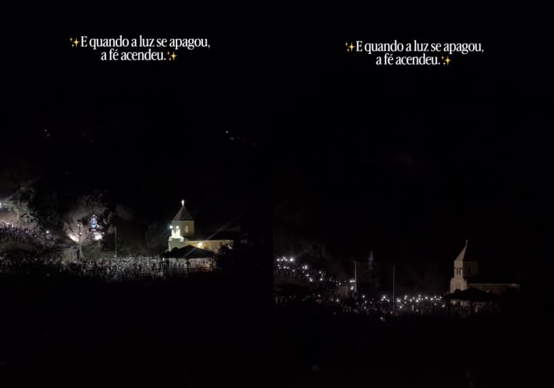 Em Virgem da Lapa (MG), os fiéis acendem as lanternas dos celulares e continuam cantando quando que a luz acaba no meio da missa.- Foto: @claruas/Reprodução/Instagram