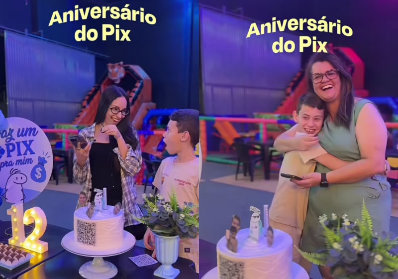 O menino Davi comemora cada valor recebido na festa do Pix, em Anápolis (GO). O sonho dele era comprar um computador e conseguiu. - Foto: @isafjunqueira/Reprodução/Instagram
