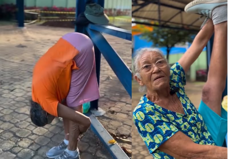 A idosa Maria Gomes, de 84 anos, mostra uma flexibilidade incrível durante aula na Academia Popular do Horto de Maruípe, em Vitória (ES). - Foto: @academiahortodemaruipe/Reprodução/Instagram