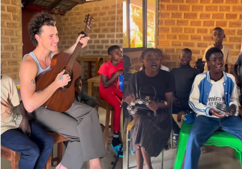 Shawn Mendes canta junto com crianças durante visita à Aldeia Nissi, projeto social em Angola - Foto: Reprodução/Instagram/ @elisa_essoko