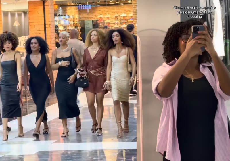 Cinco mulheres pretas caminham juntas por um shopping de SP em ação sobre confiança e representatividade. E chamam a atenção de todos. - Foto: @kauanesantox/Reprodução/Instagram