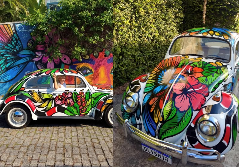 Rafa Mon transformou o Fusca branco de Stênio em uma obra de arte coberta por cores e desenhos - Foto: @rafamon__/Reprodução/Instagram
