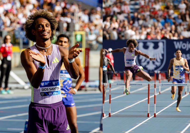 Alison dos Santos comemora vitória nos 400 m com barreiras da Diamond League na Silésia, Polônia - Foto: Reprodução/Instagram/ @flotrack