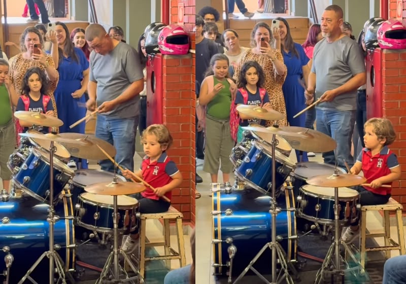 Benício, de 3 anos, toca bateria no primeiro show ao vivo diante do público. - Foto: Reprodução/Instagram/ @beniciodrums_