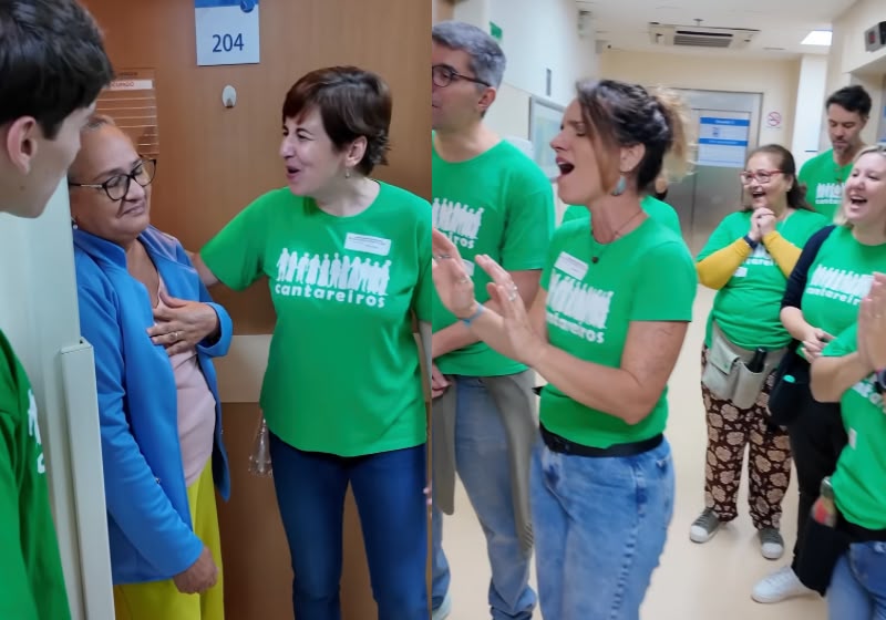 Os Cantareiros cantam nos corredores de hospital enquanto pacientes saem dos quartos para acompanhar a apresentação - Foto: @cantareiros/Reprodução/Instagram