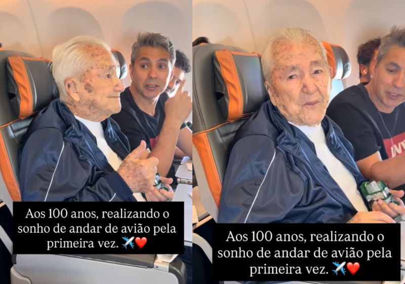 Emílio Gimenes Urquiza se emociona durante a primeira viagem de avião da vida, poucos dias antes de completar 100 anos - Foto: Reprodução/Instagram/@mafergimeness