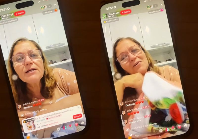 Cida Braga sorri durante live de vendas depois que Sabrina Nunes decide comprar um kit de panos de prato para apoiá-la - Foto: Reprodução/Instagram/@sabrinanunesfj