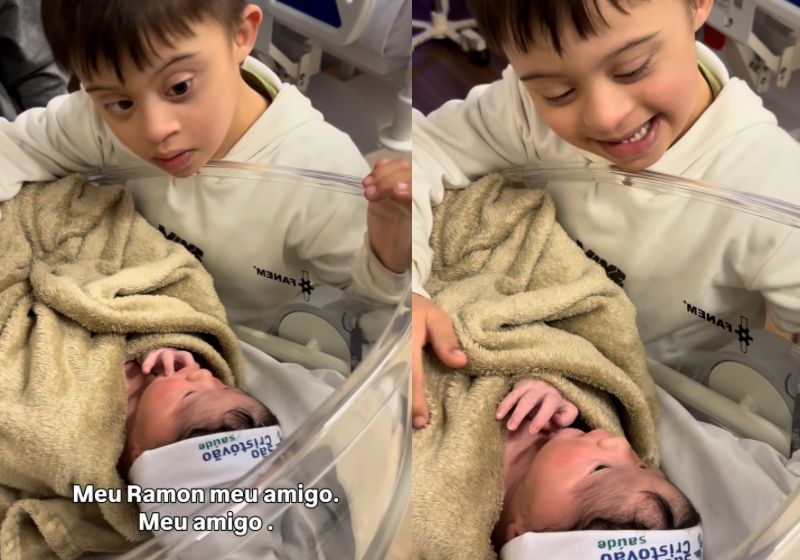 Samuel, um menino com Down, conhece o irmão recém-nascido, Ramon, e se encanta durante o primeiro encontro dos dois - Foto: Reprodução/Instagram/@maikon.mr