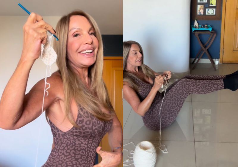 A avó Fátima Taffo, de 72 anos, faz crochê enquanto treina o abdômen em vídeo publicado nas redes sociais. - Foto: Reprodução/ Instagram/ @fatimataffo232