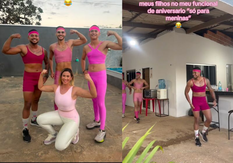 Filhos vestem legging rosa para comemorar aniversário da mãe e treino engraçado viraliza; vídeo