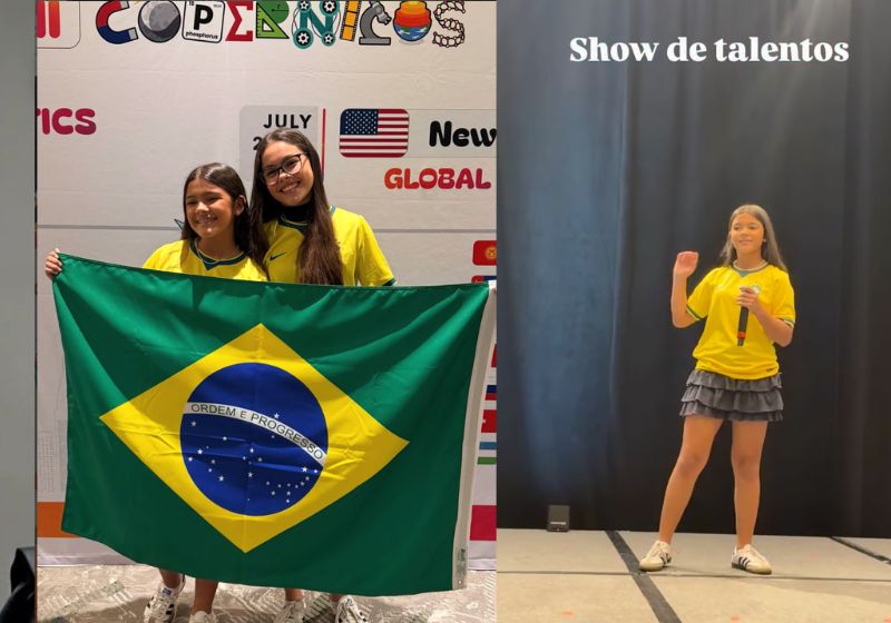 Yasmin Teófilo, uma brasileira de 12 anos, ganha medalha na olimpíada de Matemática nos EUA. Antes da prova, ela cantou “Voando Pro Pará”, da Joelma. - Fotos: reprodução/ Instagram/ @asirmasteofilo_