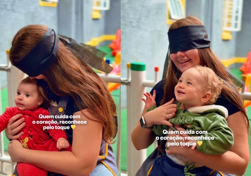 A professora reconhece os bebês pelo cheirinho, mesmo de olhos vendados, e acerta o nome dos pequenos da creche em Jaraguá do Sul (SC). - Fotos: Reprodução/ Instagram/ @ceicristaoarcadenoe