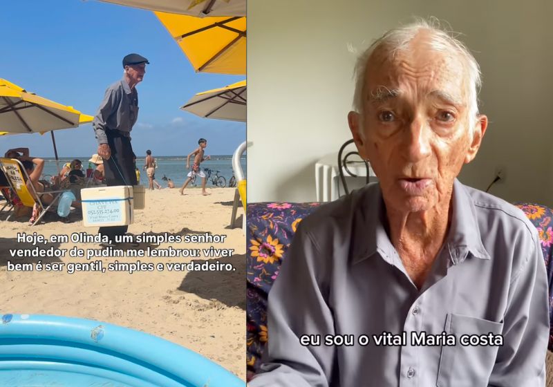 Seu Vital, o idoso que vendia pudim na praia de Olinda para pagar exames, recebeu ajuda de pessoas de todo o Brasil depois que o vídeo dele viralizou. - Foto: Reprodução/Instagram/ @jonathafelip