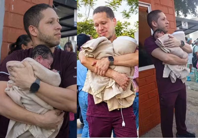 O médico pediatra Germán Andrés Somoyar com alguns do 10 recém-nascidos que resgatou do terremoto na Colômbia. - Fotos: Germán Somoyar