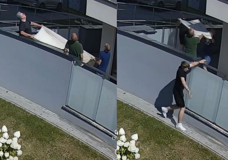 Vizinhos salvam a menina de 4 anos que caiu do 5º andar de um prédio em Łomża, na Polônia, usando um cobertor. - Foto: reprodução/monitoramento Perspektywa