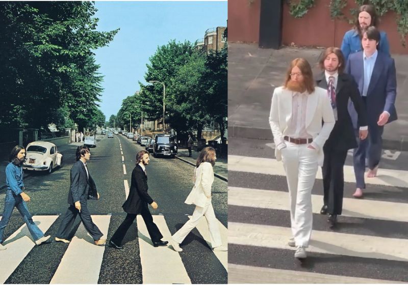 Os atores dos quatro novos filmes sobre os Beatles recriaram a histórica travessia de Abbey Road durante as gravações em Londres. - Foto: Arquivo/ Instagram / @classic.rock60