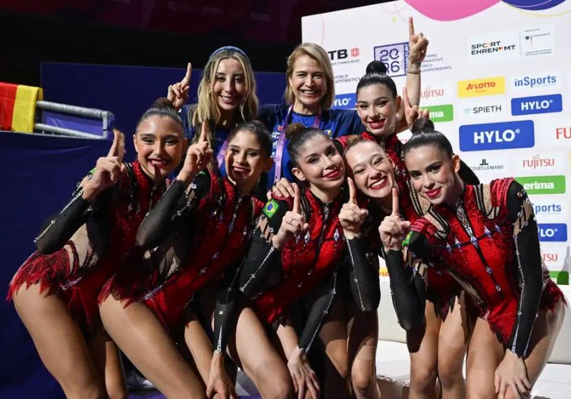 As Leoas conquistaram dois ouros inéditos para o Brasil no Mundial de ginástica rítmica, neste domingo (16), em Frankfurt, na Alemanha. Foto: MeloGym/CBG