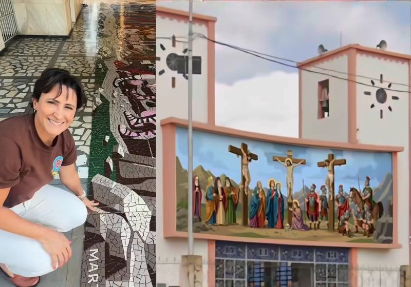 A artista Marta Carvalho, de Brasília, leva a primeira parte do mosaico sacro gigante do Calvário para igreja em São João del-Rei, MG - Foto: reprodução/ Instagram/ @martamosaicos
