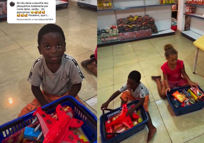 No Mercado Social Pão e Peixe, crianças pagam compras com estudo e boas ações. Ele na região de um lixão desativado em Duque de Caxias (RJ). - Fotos: reprodução/ Instagram/ @projetogramachinhos