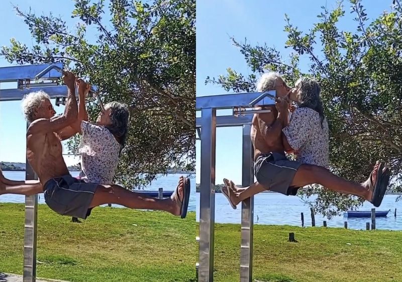 O casal de idosos Mirilis Ribeiro, de 67 anos, e Paulo Roberto, de 78, pratica calistenia e se beja a cada final de exercício na orla de Cabo Frio (RJ). - Foto: Reprodução/ Instagram/ @mirilisribeiro