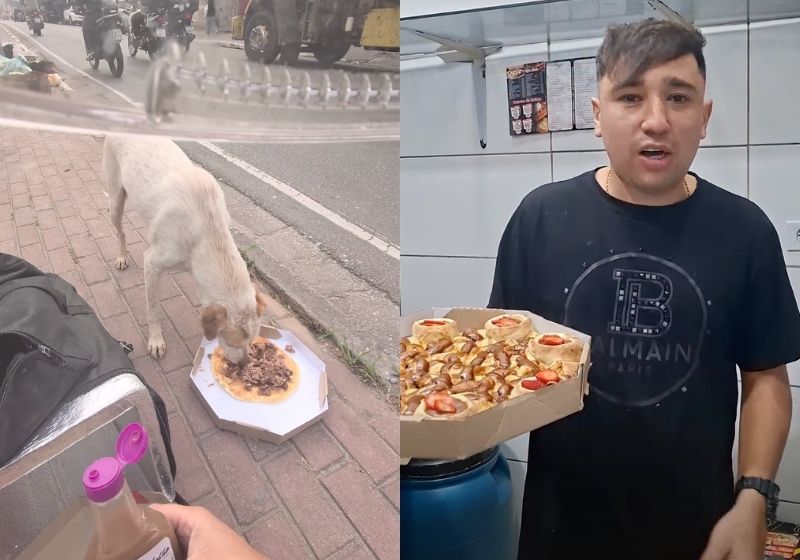 Rodrigo Gomes Marcelino, que fez a pizza para o cachorro que vive nas ruas, é dono da pizzaria Arte Pizza, em SP, e sai para fazer entregas às vezes. - Fotos: reprodução/Instagram/ @pizzariaart / MyHood