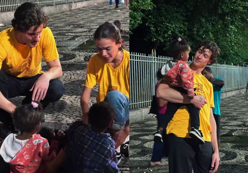 Bruna Marquezine e Shawn Mendes participaram como voluntários de uma ação que distribuiu 3.315 quentinhas para pessoas em situação de rua no Rio de Janeiro. - Fotos: Reprodução/Instagram @macarraocomsalsicha.rj