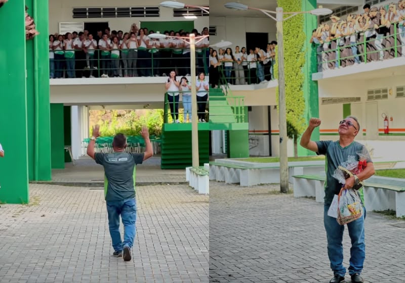 Seu Luis foi recebido com aplausos de pé por alunos e professores. Ele jogou o veículo sem freio em uma árvore e salvou todos os estudantes, em Viçosa do Ceará. - Foto: Reprodução/Instagram
