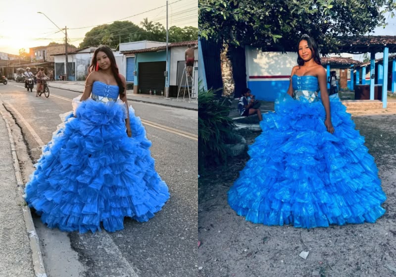 Caroline chamou atenção ao desfilar com um vestido feito de sacolas plásticas durante um projeto de moda sustentável da escola, no Pará. - Foto: Reprodução/Instagram/@carolineyx__