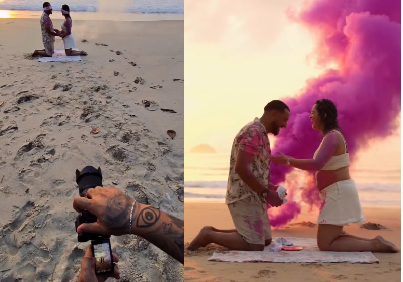 Casal descobriu que espera uma menina durante chá revelação preparado pelo fotógrafo Renan em uma praia de Ubatuba (SP). - Foto: Reprodução/Instagram/@renanlife