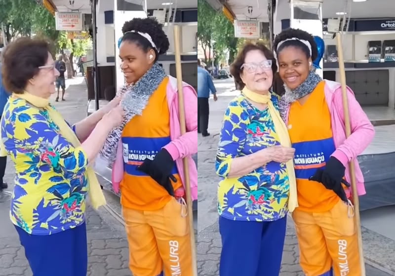 A idosa Dalva Taboada produz cachecóis de lã à mão e presenteia garis e trabalhadoras ambulantes que encontra nas ruas do Rio. - Foto: Reprodução/Instagram/@dalvataboadacosta