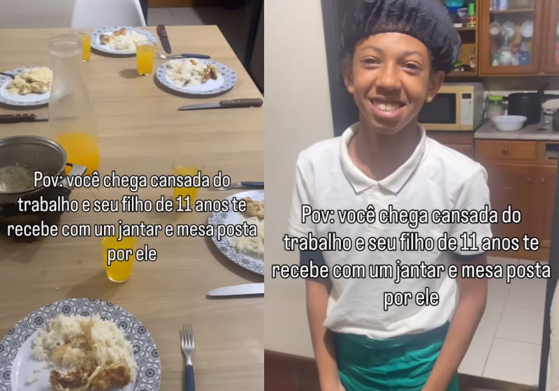 Francisco, de 11 anos, preparou sozinho o jantar e colocou a mesa para receber a mãe depois de um dia cansativo de trabalho, em Porto Alegre. - Foto: Reprodução/Instagram/@paulalopess3