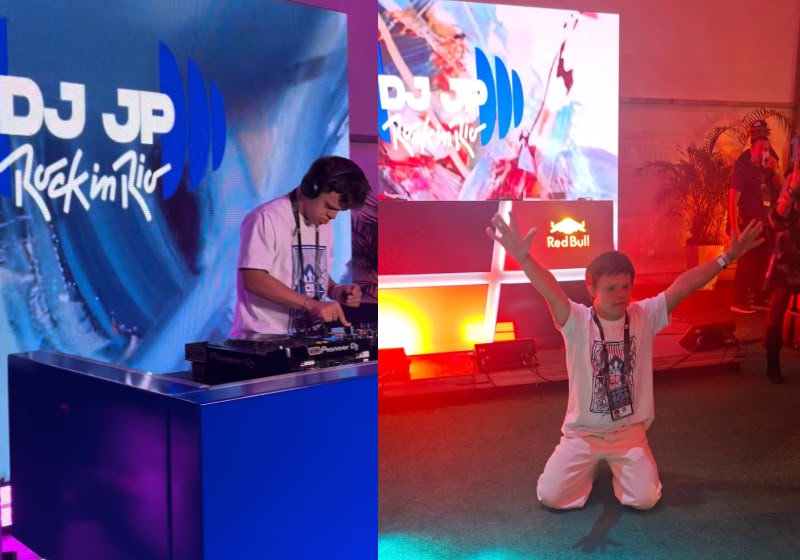 João Pedro Rocha, o DJ JP, de 23 anos, fez história como o primeiro DJ com síndrome de Down a se apresentar no Rock in Rio. - Fotos: Reprodução/Instagram/@rita.fernandes_rio e @djjpreal
