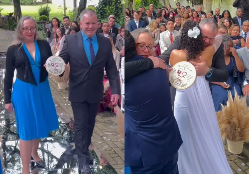 Jemima Lima abraça Rafael Pereira Nielsen, doador de medula que salvou a vida dela, durante a cerimônia de casamento no Paraná. -Foto: Reprodução/Instagram/@feltz_cerimonial