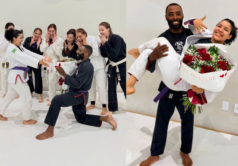 Keron se emocionou ao perceber que a suposta lesão do namorado durante o treino de jiu-jítsu fazia parte de um plano para o pedido de casamento inusitado. - Foto: Reprodução/Instagram/@keronbarros_